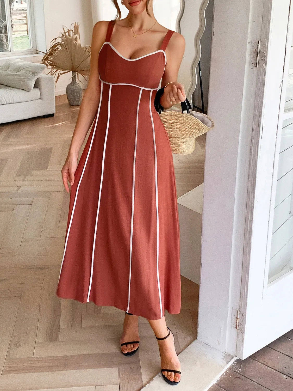 Contrast Wide Strap Midi Cami Dress - Tigbul's Variety Fashion Shop