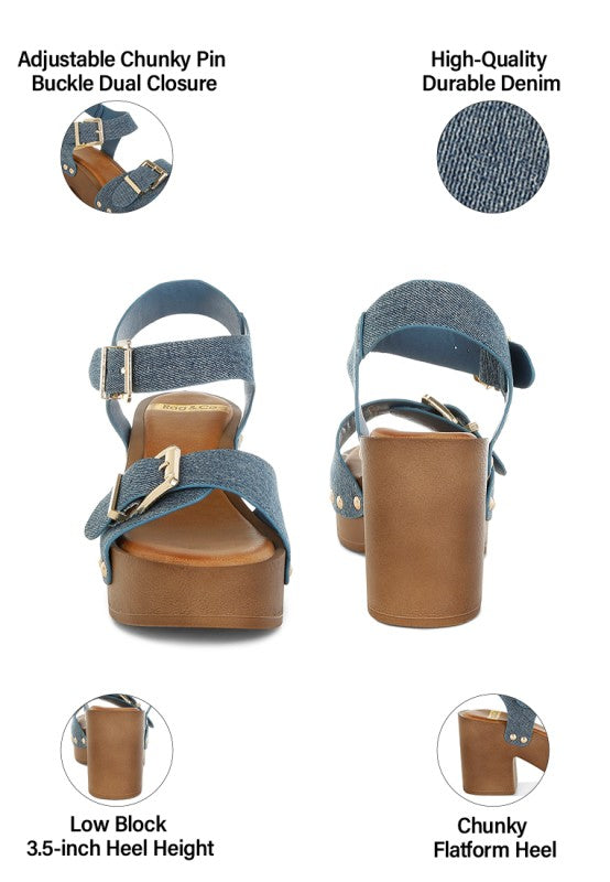 Denim sandals with adjustable dual buckle closure and durable chunky platform heel