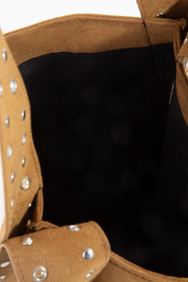 Suede grommet strap shoulder bag interior view, dark brown exterior with black lining