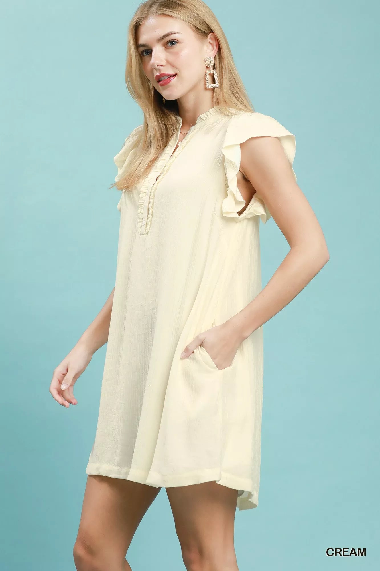 Umgee Ruffle Sleeve Henley Shift Dress - Tigbul's Variety Fashion Shop