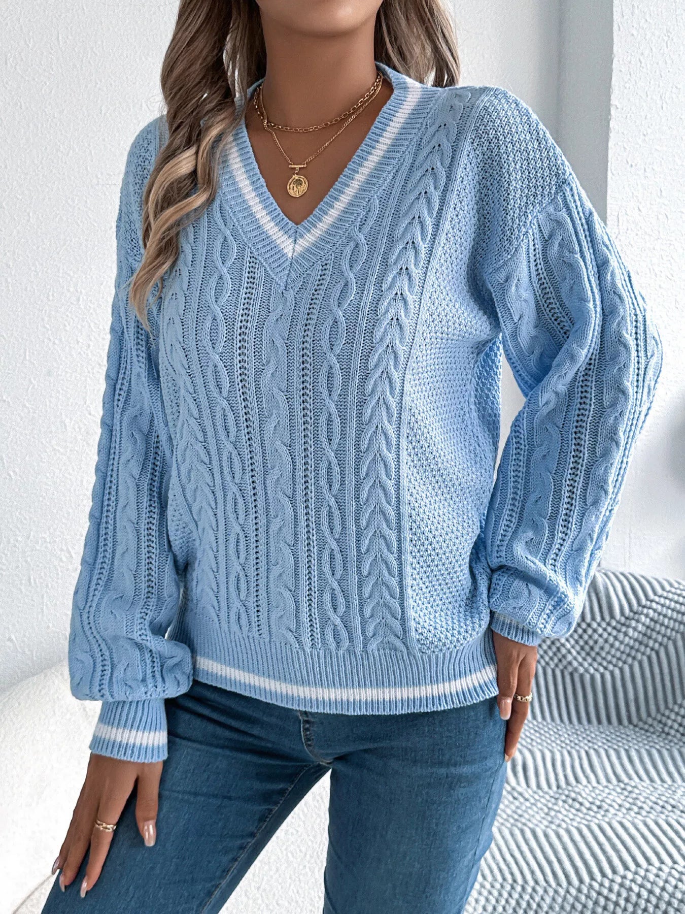 Cable Knit V-Neck Long Sleeve Sweater - Tigbul's Variety Fashion Shop