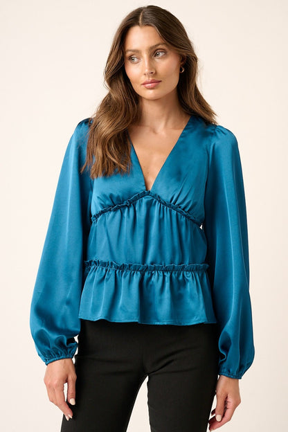 Satin V Neck Ruffled Tier Blouse - Tigbul's Variety Fashion Shop