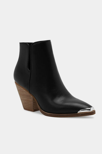 Black Pointed Metal-Tip Toe Block Heel Ankle Boots - Tigbul's Variety Fashion Shop