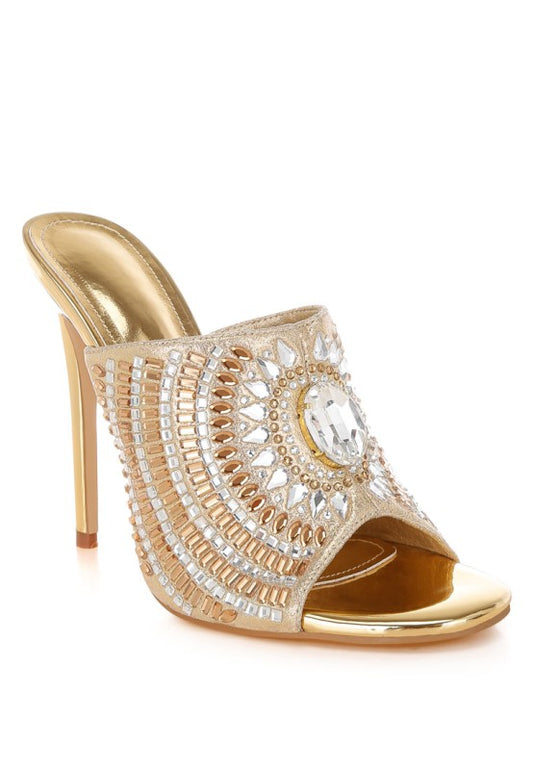 Embellished Gold Metallic Slip On Open Toe Stiletto Heel Shoes - Tigbul's Variety Fashion Shop