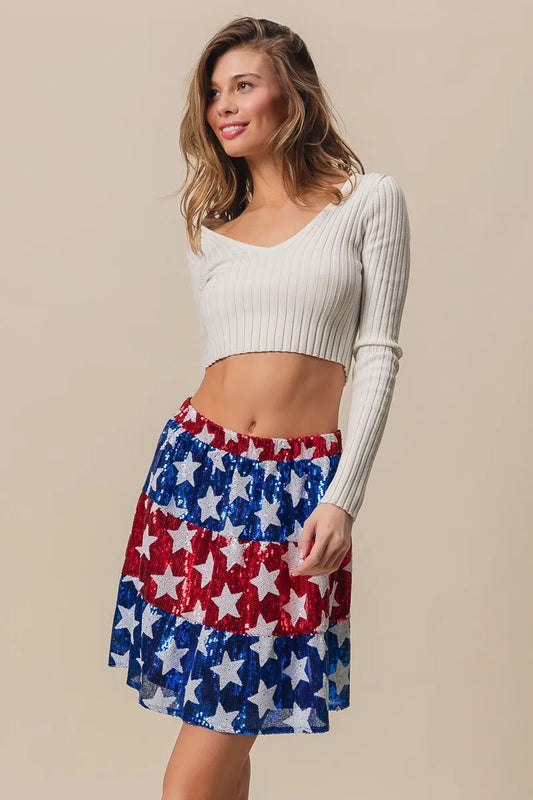 American Flag Theme Star Sequin Tiered Skirt - Tigbul's Variety Fashion Shop