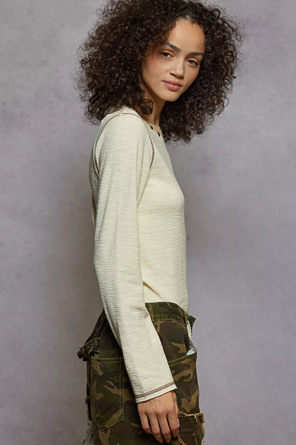 POL Round Neck Long Sleeve Contrast Stitching T-Shirt with Stud Detail - Tigbul's Variety Fashion Shop