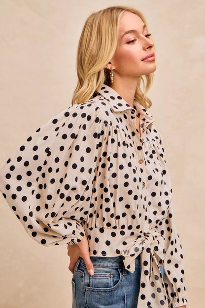 BiBi Polka Dot Print Tie Hem Detail Crop Shirt - Tigbul's Variety Fashion Shop