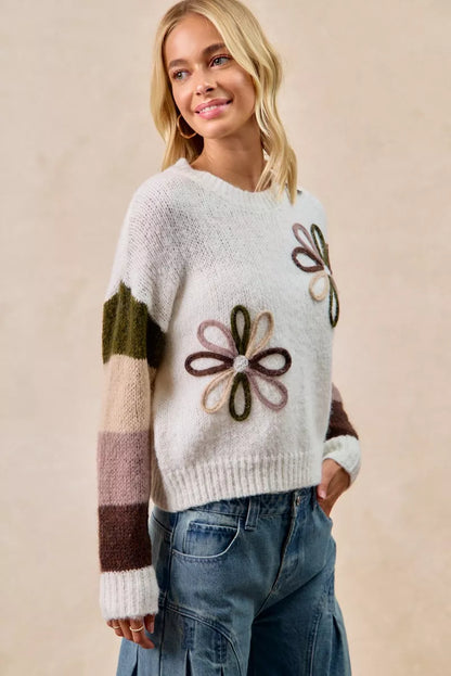 BiBi Flower Color Block Sweater - Tigbul's Variety Fashion Shop
