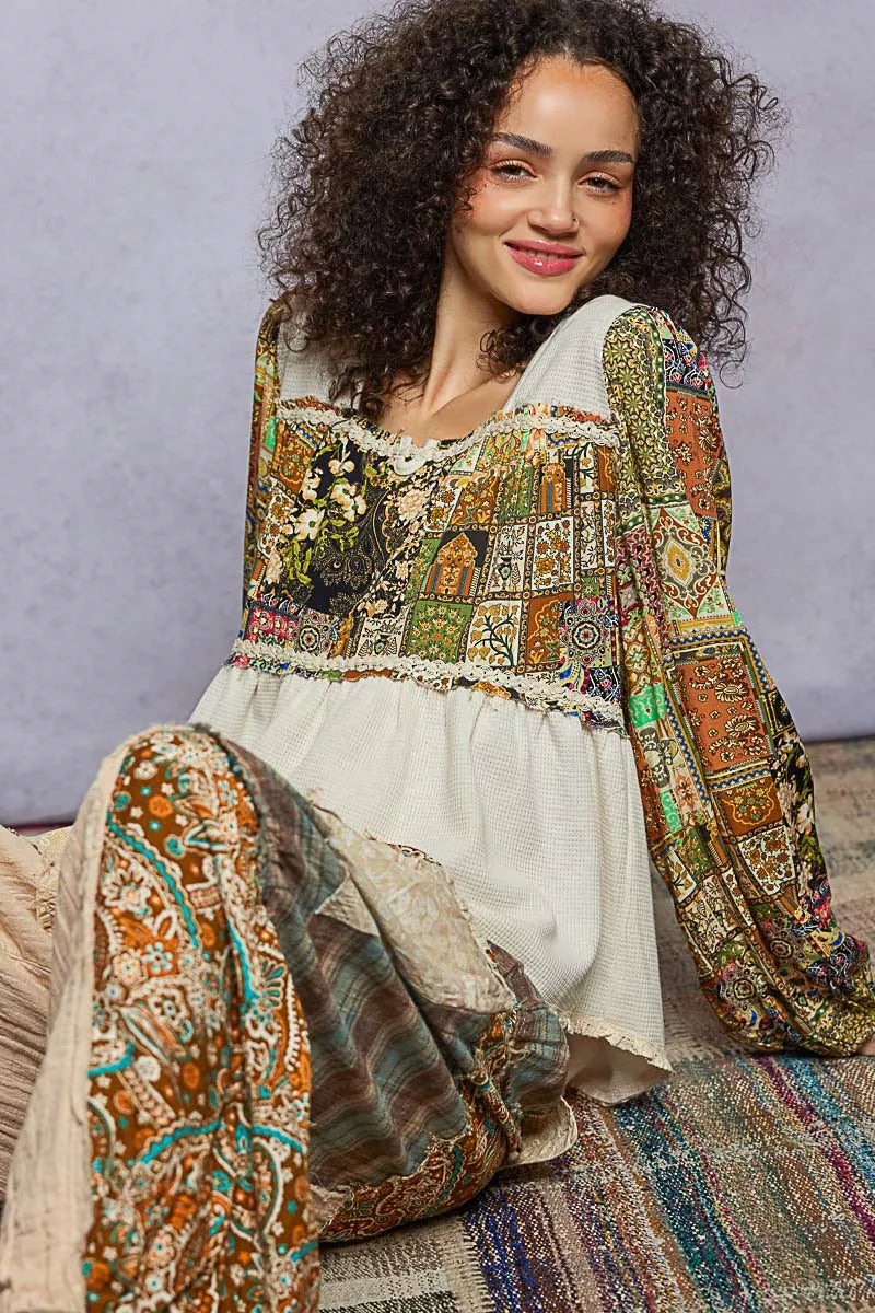 POL Balloon Sleeve Peplum Blouse with Trim Detail - Tigbul's Variety Fashion Shop