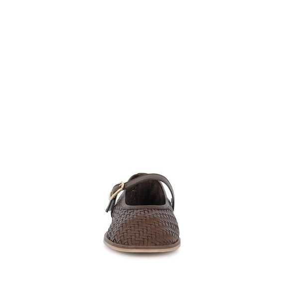 Brown woven leather ballerina heel view with strap and gold-tone buckle