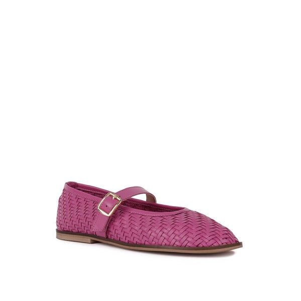 Fuchsia woven leather ballerinas with buckle strap and low flat sole