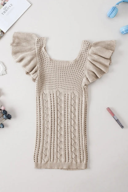 Openwork Ruffled Scoop Neck Knit Khaki Shirt Top - Tigbul's Variety Fashion Shop