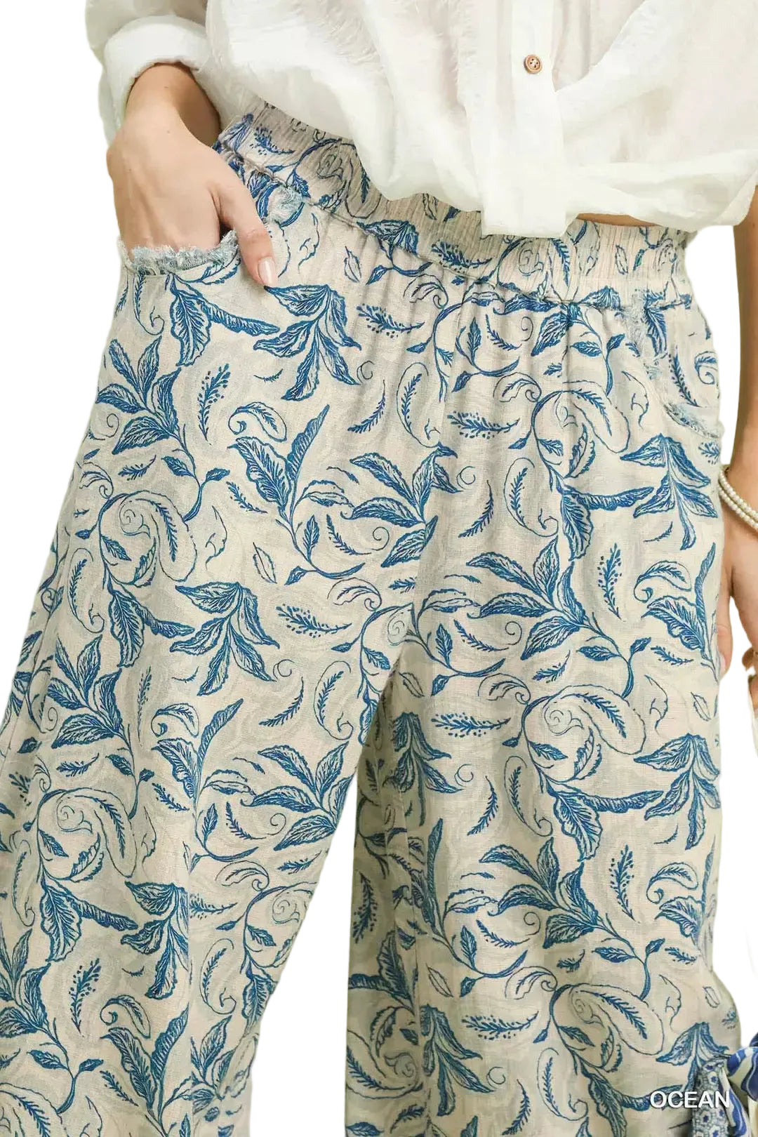 Linen waistband detail: ocean blue leaf print wide-leg pants with drawstring
