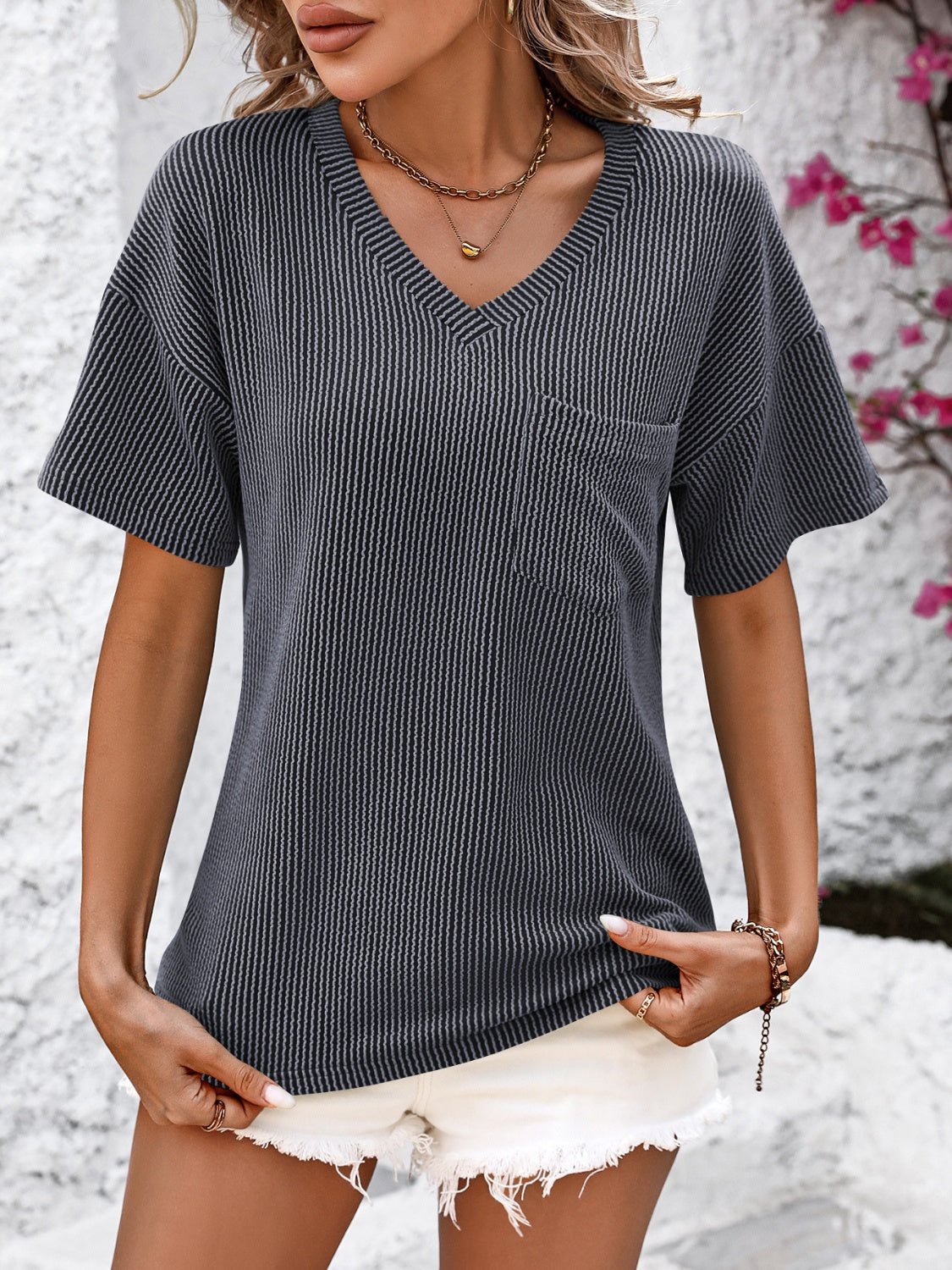 V-Neck Dropped Shoulder T-Shirt - Tigbuls Variety Fashion