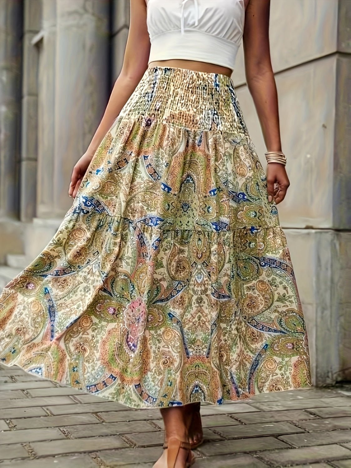 Full Size Tiered Smocked Printed High Waist Skirt - Tigbul's Variety Fashion Shop