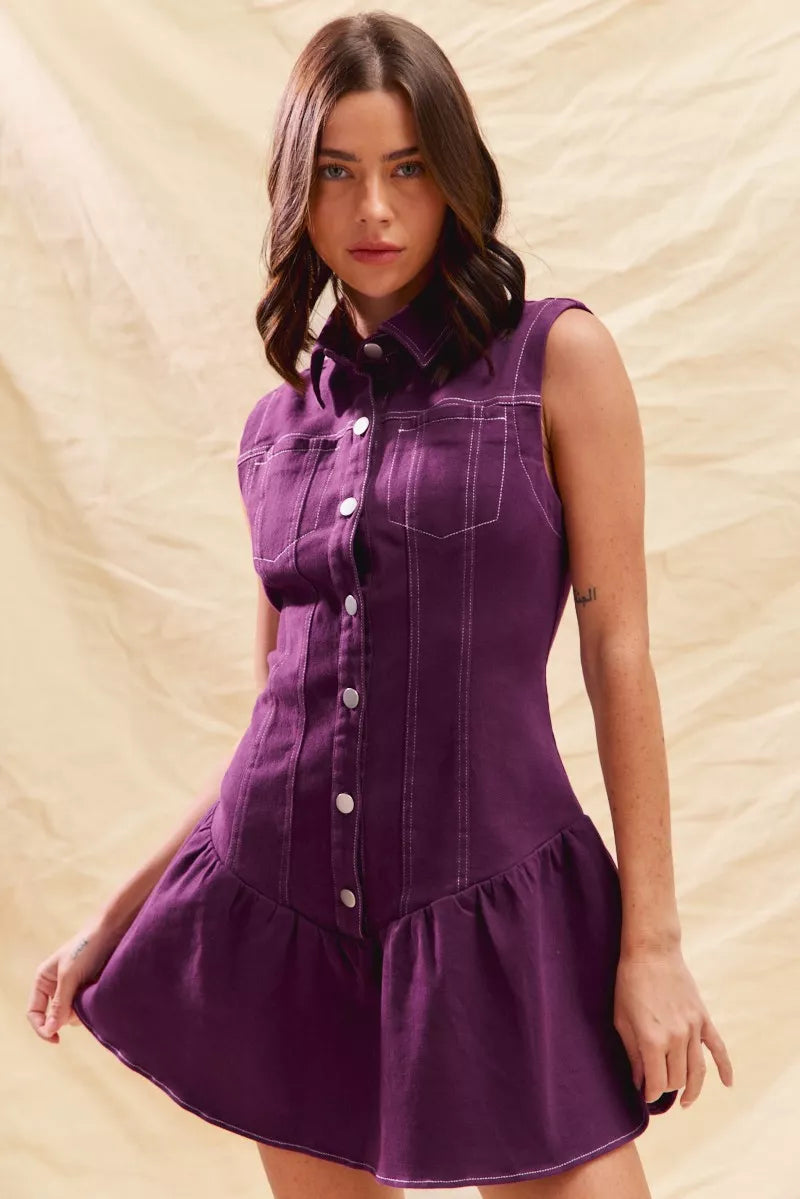 SO ME Button Down Sleeveless Collared Game Day Mini Dress - Tigbul's Variety Fashion Shop