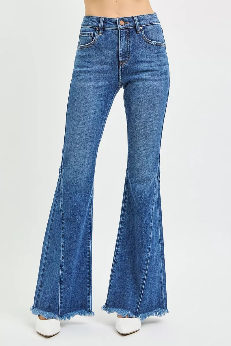 Front view mid-rise flare jeans, dark wash denim, button waist and pockets