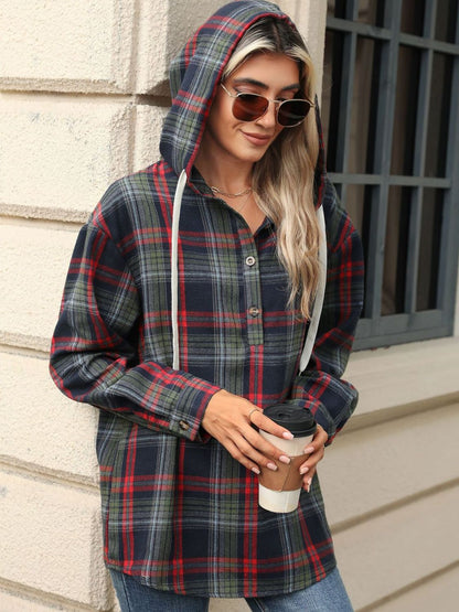 Drawstring Plaid Hooded Long Sleeve Top - Tigbul's Variety Fashion Shop