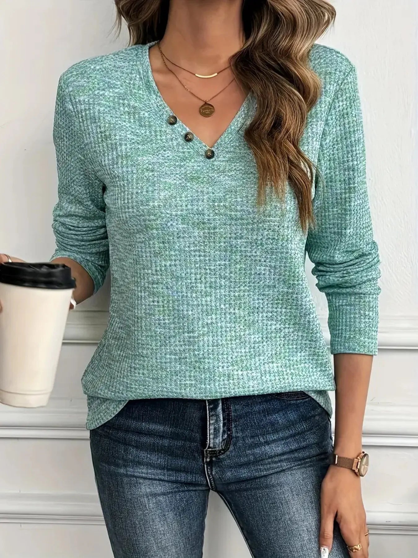 Heathered V-Neck Long Sleeve T-Shirt - Tigbul's Variety Fashion Shop