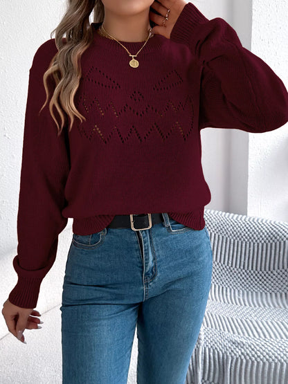 Openwork Round Neck Long Sleeve Sweater - Tigbul's Variety Fashion Shop