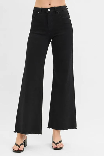 RISEN Full Size Tummy Control Black High Rise Wide Jeans Plus Size - Tigbul's Variety Fashion Shop