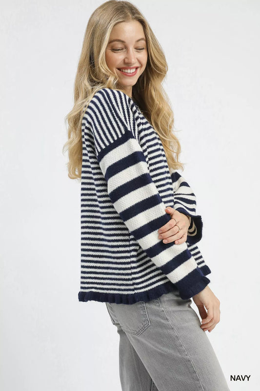Umgee Ruffle Neck Stripe Sweater - Tigbul's Variety Fashion Shop