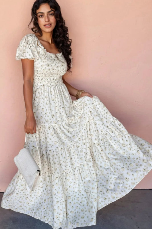 White Floral Smocked Short Puff Sleeve Maxi Dress - Tigbul's Variety Fashion Shop