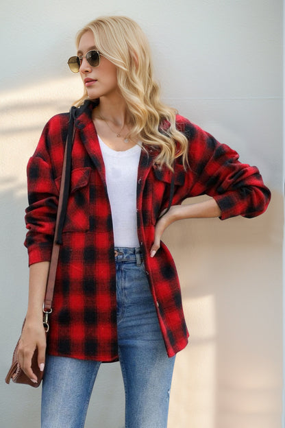 Double Take Drawstring Plaid Long Sleeve Hooded Shacket - Tigbul's Variety Fashion Shop