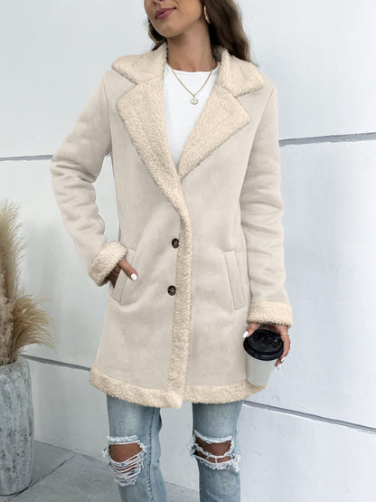 White Lapel Collar Teddy Lining Longline Coat | Tigbuls