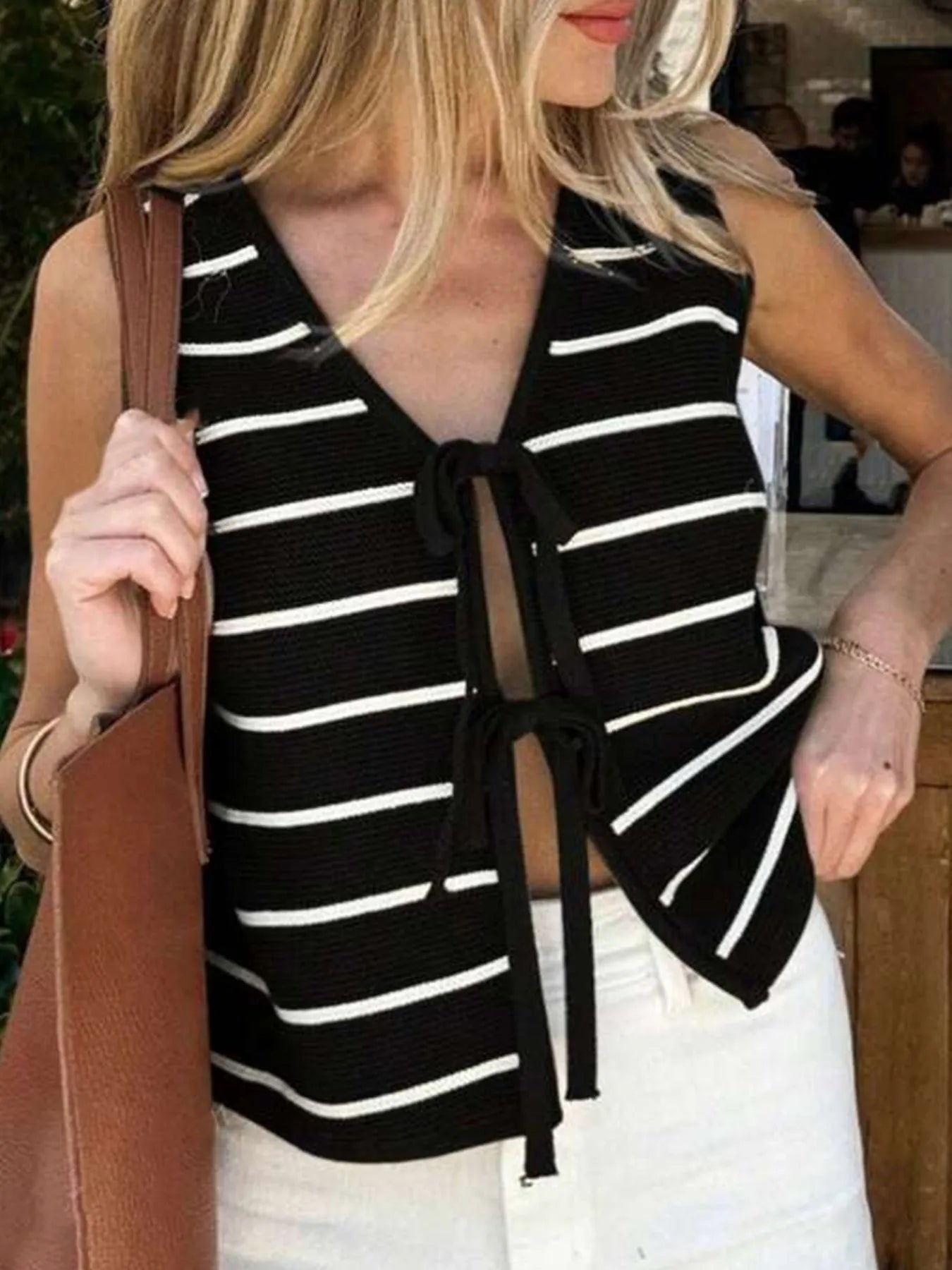 Tie Front Striped Sweater Vest - Tigbul's Variety Fashion Shop