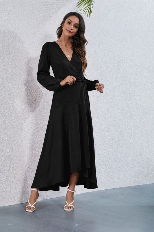 Women's V Neck Long Sleeve Maxi Dress - Tigbul's Variety Fashion Shop