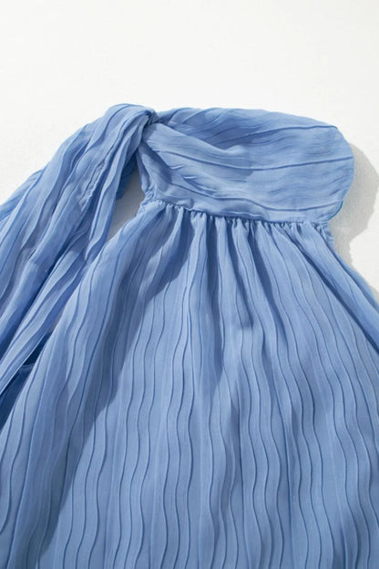 Textured Pleated Tied Mock Neck Flowy Blue Tank Top - Tigbul's Variety Fashion Shop