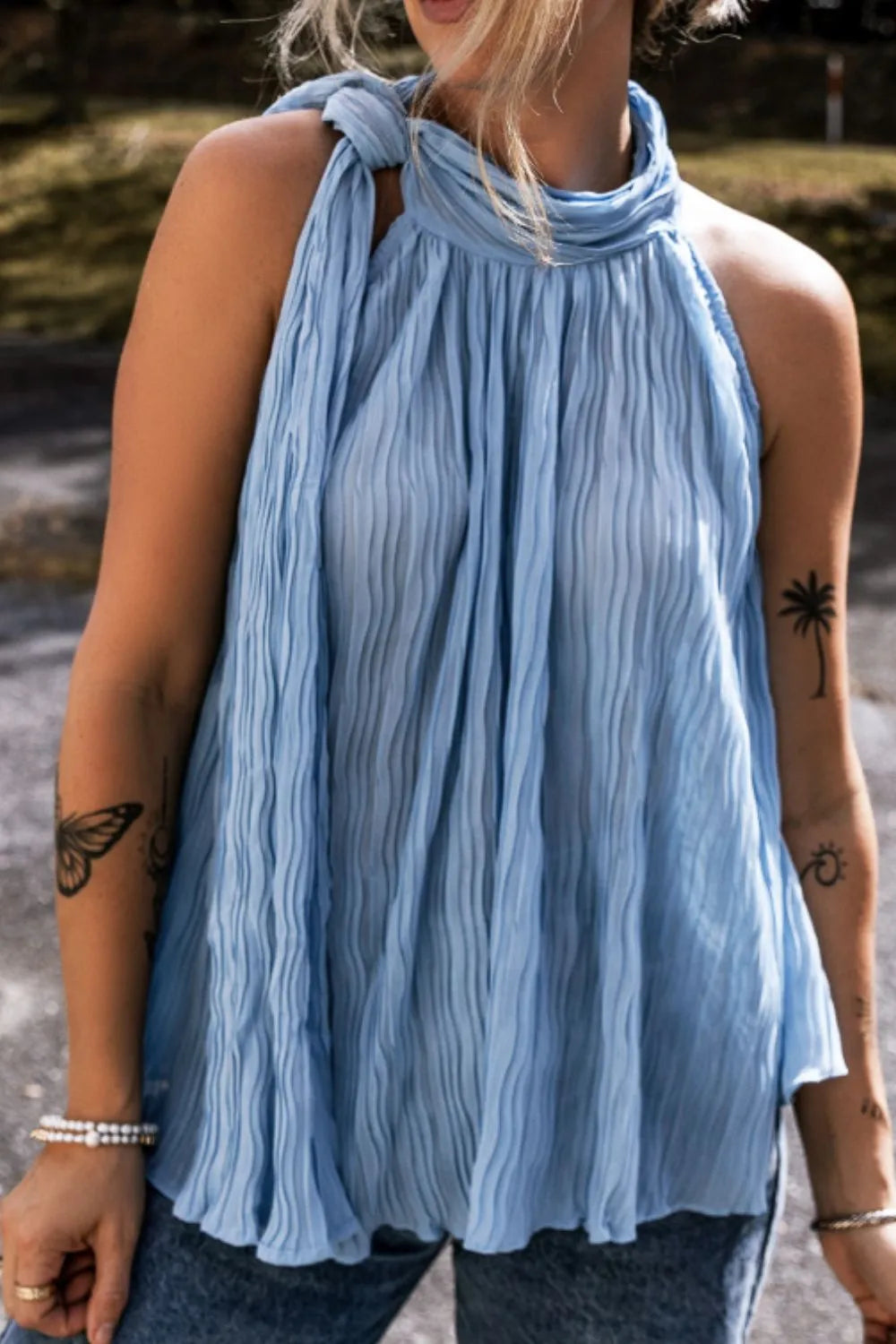 Textured Pleated Tied Mock Neck Flowy Blue Tank Top - Tigbul's Variety Fashion Shop