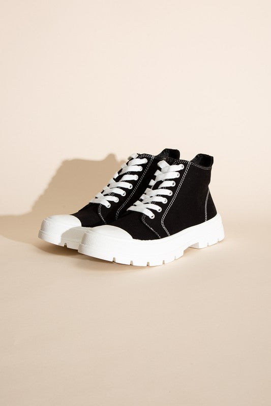 Black and White Canvas Lace Up High-Top Chunky Sneakers - Tigbuls Variety Fashion