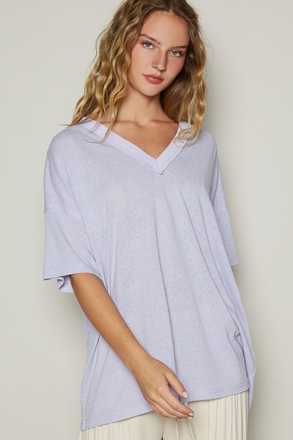 Lilac V-Neck Half Sleeve T-Shirt - Tigbul's Variety Fashion Shop