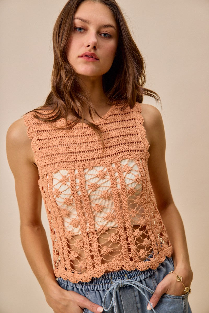Peach Color Crochet Knit Lace Sweater Tank Top - Tigbul's Variety Fashion Shop