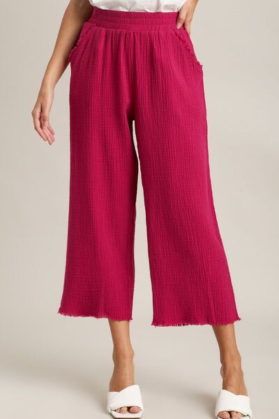 Deep Rose Raw Hem Elastic Waist Wide Leg Pants - Tigbul's Variety Fashion Shop