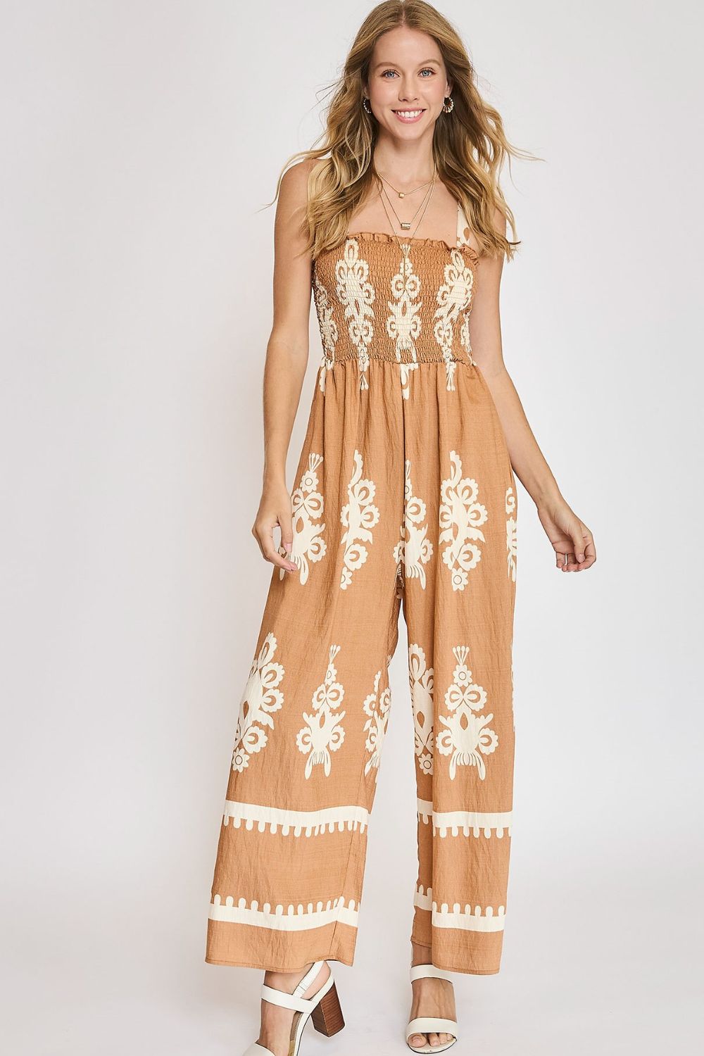 Brown Smocked Printed Wide Leg Jumpsuit Size Small - 2XL - Tigbul's Variety Fashion Shop