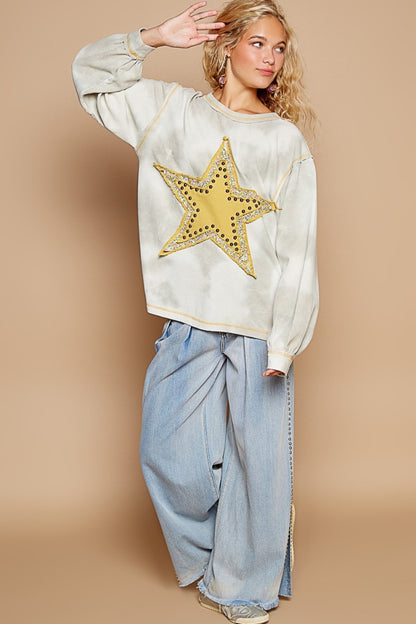 Grey Washed Star Patch With Studded Top - Tigbul's Variety Fashion Shop