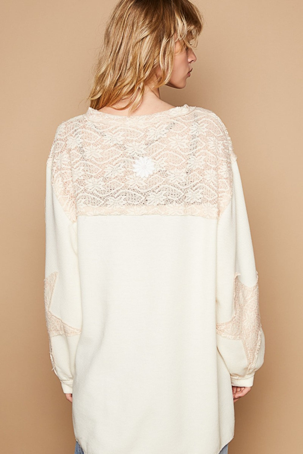 POL Round Neck Long Sleeve Crochet Patches Top - Tigbul's Variety Fashion Shop