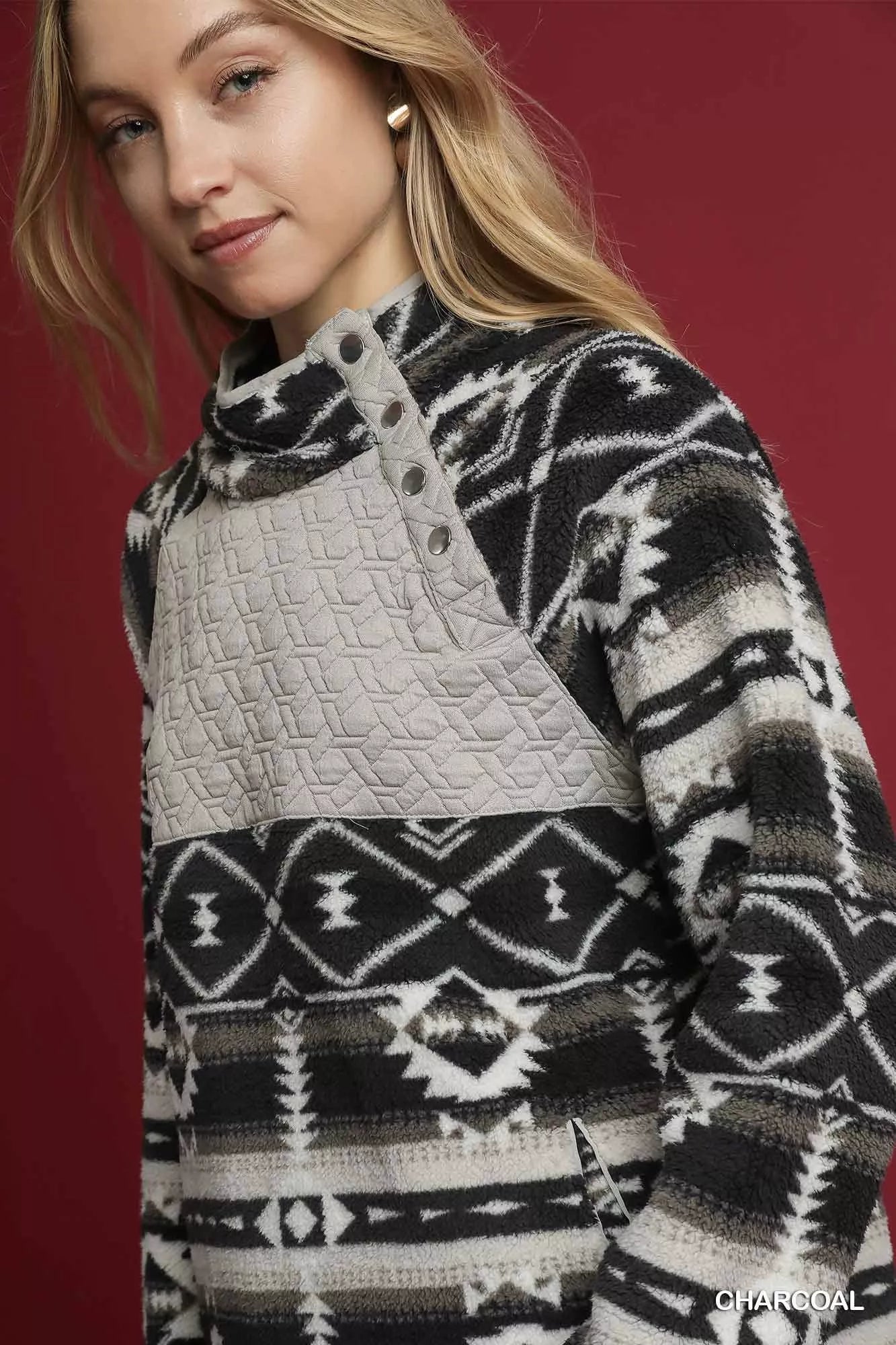 Umgee Aztec Print Sherpa Pullover - Tigbul's Variety Fashion Shop
