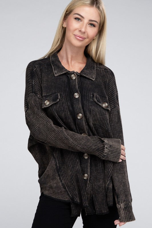 Ash Black Acid Wash Oversized Cotton Waffle Shirt - Tigbul's Variety Fashion Shop