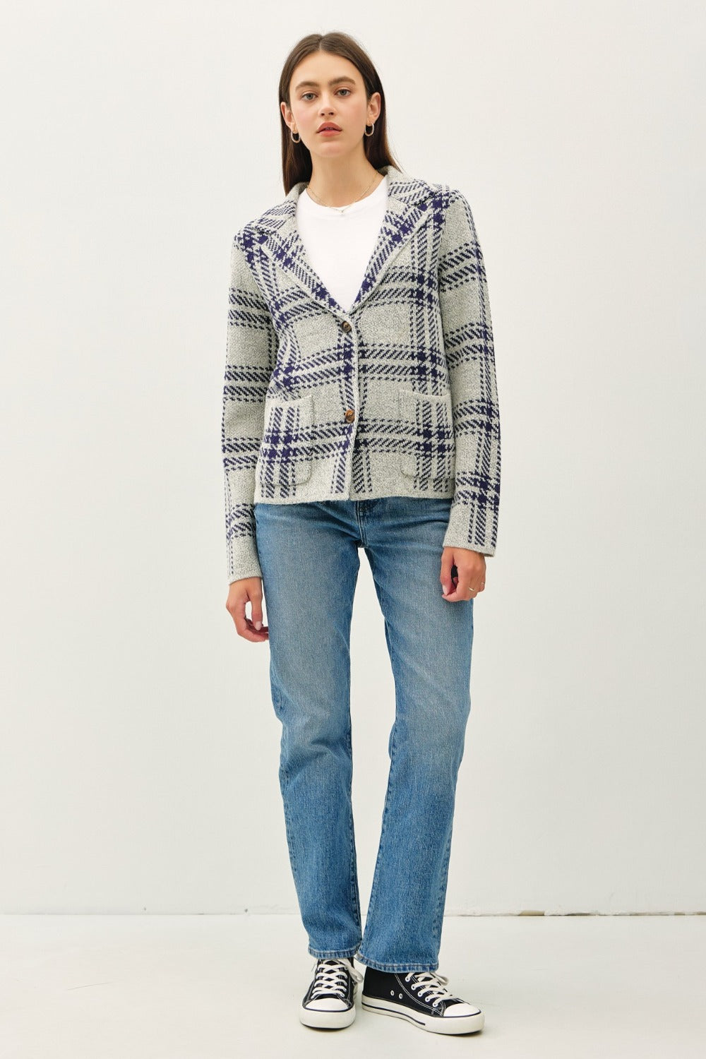 Be Cool Plaid Long Sleeve Sweater Jacket with Front Patch Pockets - Tigbul's Variety Fashion Shop