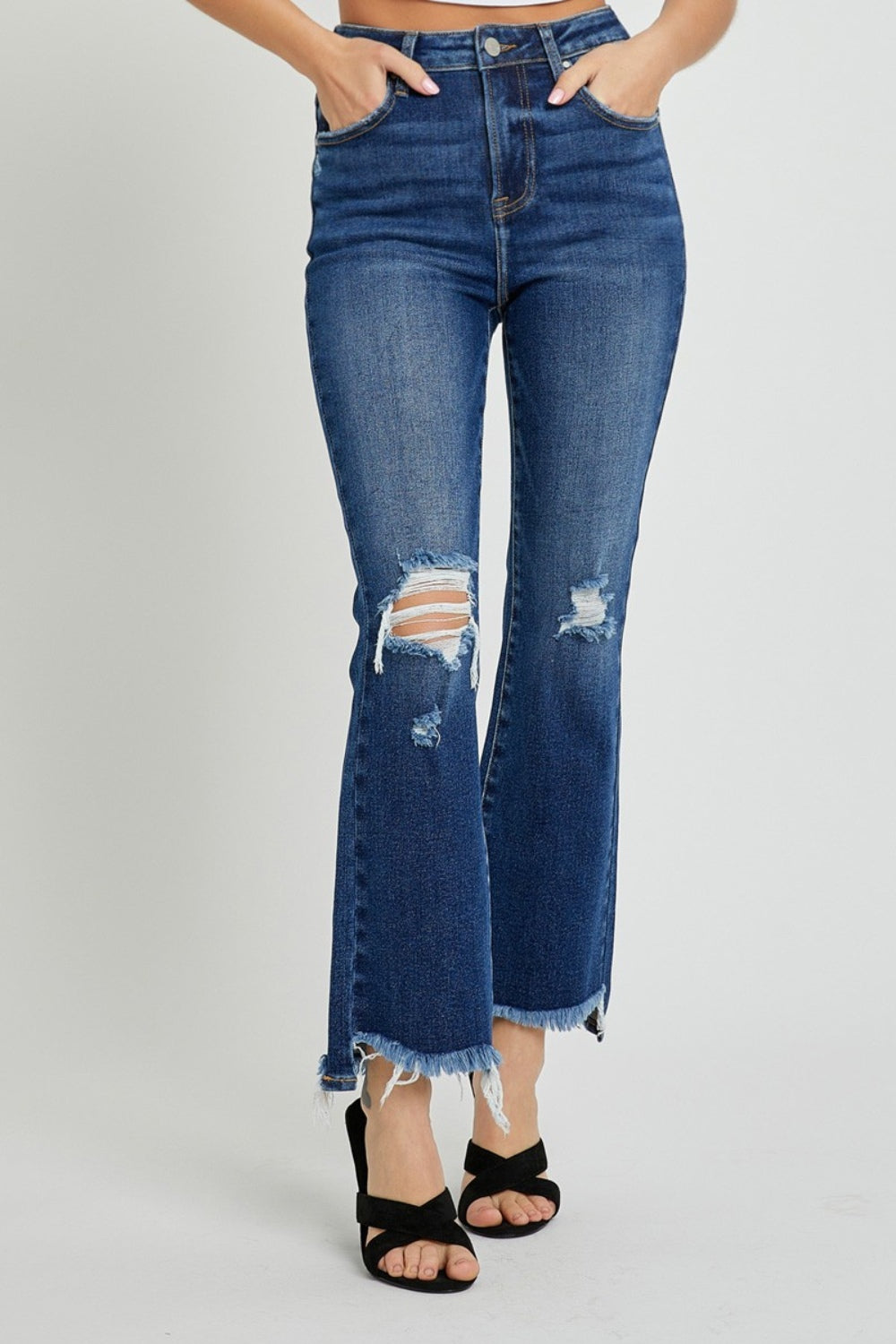 RISEN High Rise Distressed Crop Flare Jeans - Tigbul's Variety Fashion Shop