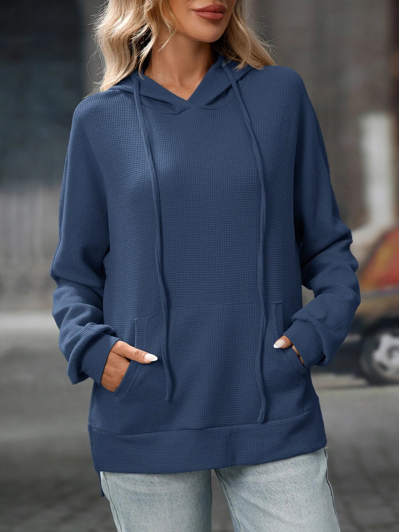 Textured Drawstring Long Sleeve Hoodie - Tigbul's Variety Fashion Shop