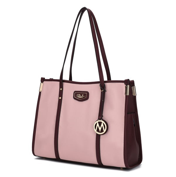 Oversize tote in blush pink with dark plum trim, long handles, and M logo charm