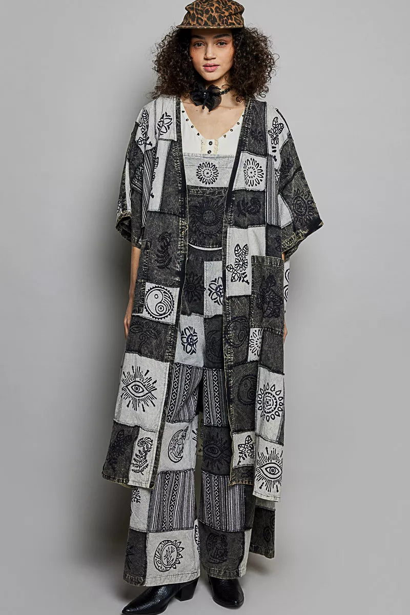 POL longline cardigan mit offenem schnitt, patchwork-design in schwarz und weiß