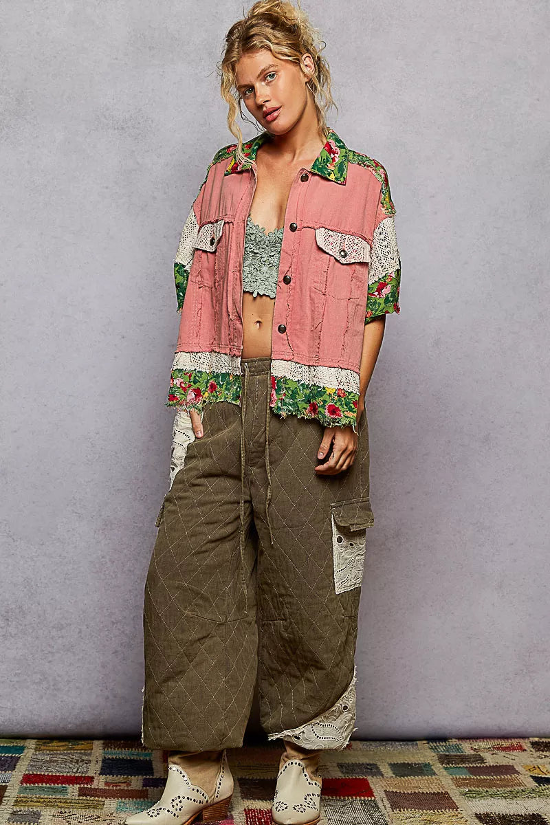 POL Lace Patch Floral Half Sleeve Shacket - Tigbul's Variety Fashion Shop