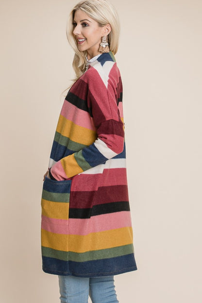 BOMBOM Color Block Striped Open Front Cardigan - Tigbul's Variety Fashion Shop