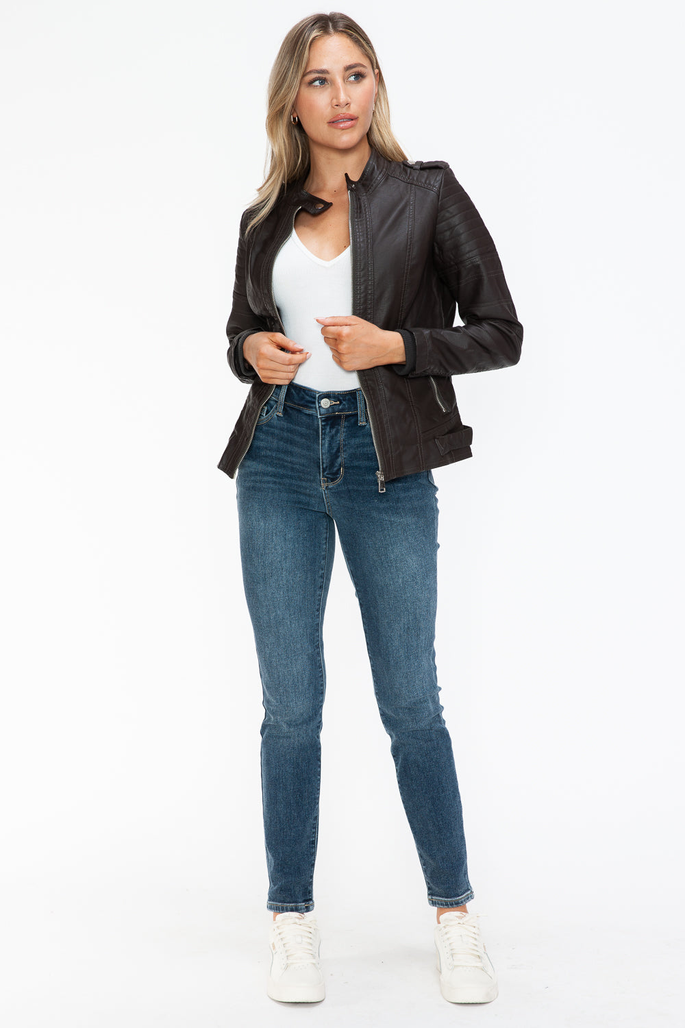 Brown PU Leather Biker Jacket with Side Zip Pockets